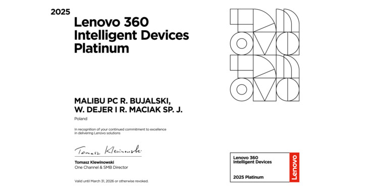 certyfikat potwierdzający partnerstwo z firmą Lenovo w Polsce